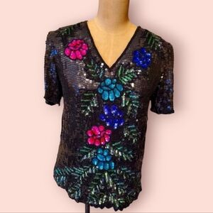 Vintage Floral Black sequin top small